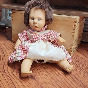 Vintage Gi-Go Toys Baby Girl Doll Red Gingham Floral Dress 9"